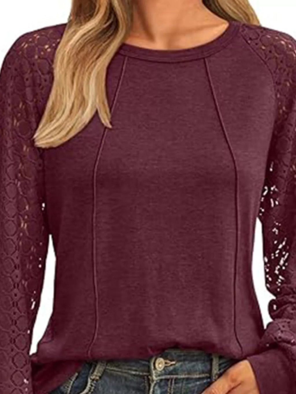 Round Neck Lace Sleeve Blouse - Crowned Energy CO.