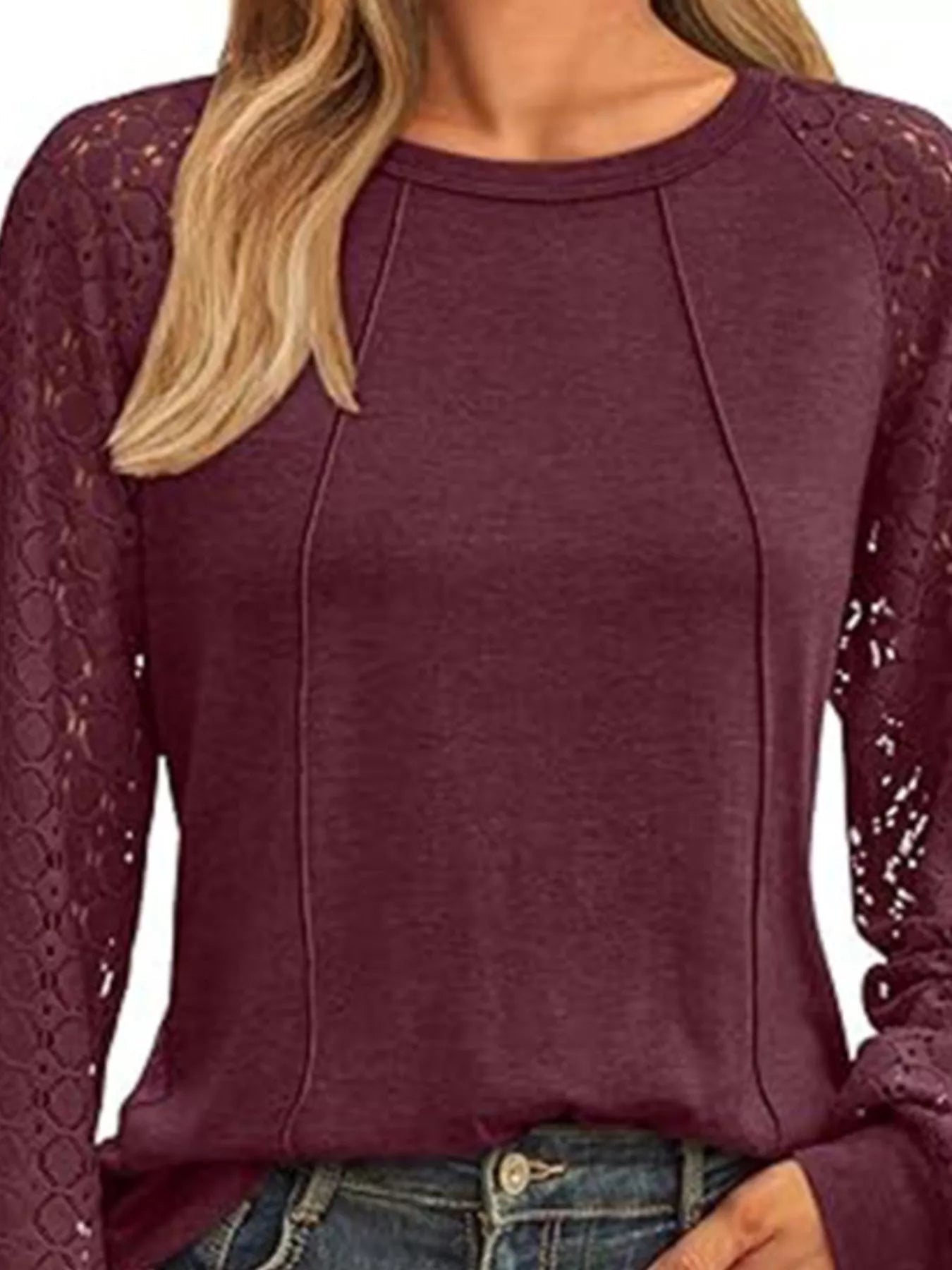 Round Neck Lace Sleeve Blouse - Crowned Energy CO.