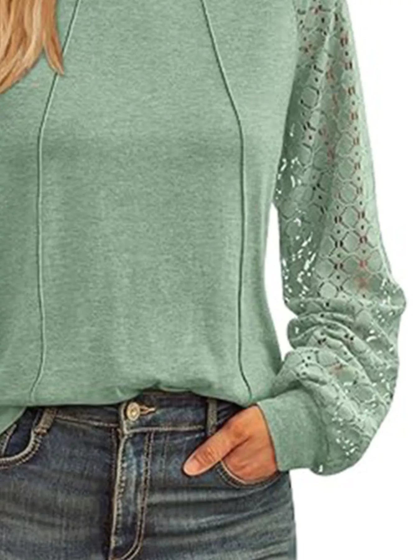 Round Neck Lace Sleeve Blouse - Crowned Energy CO.