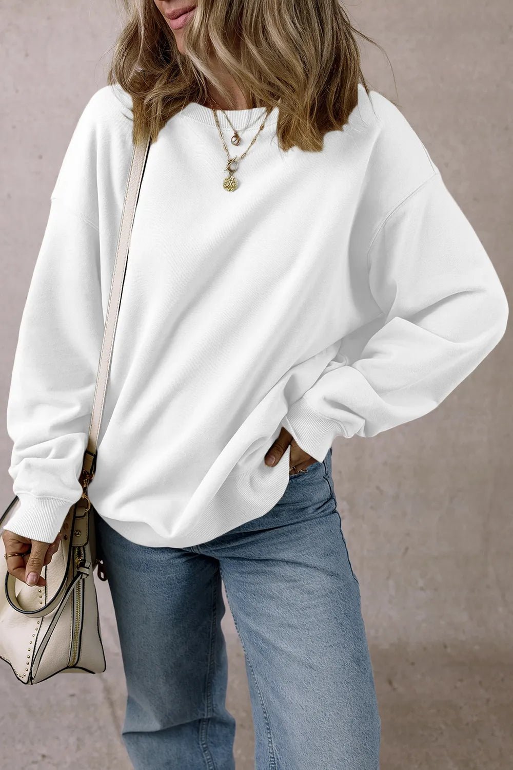 Crowned Energy CO. White / S Trendsi Sweaters & Cardigans/Cardigans Round Neck Long Sleeve Sweatshirt