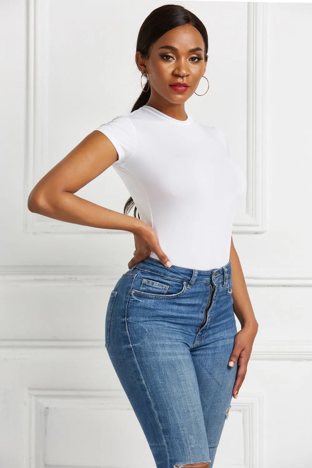 Round Neck Short Sleeve Bodysuit - Crowned Energy CO.