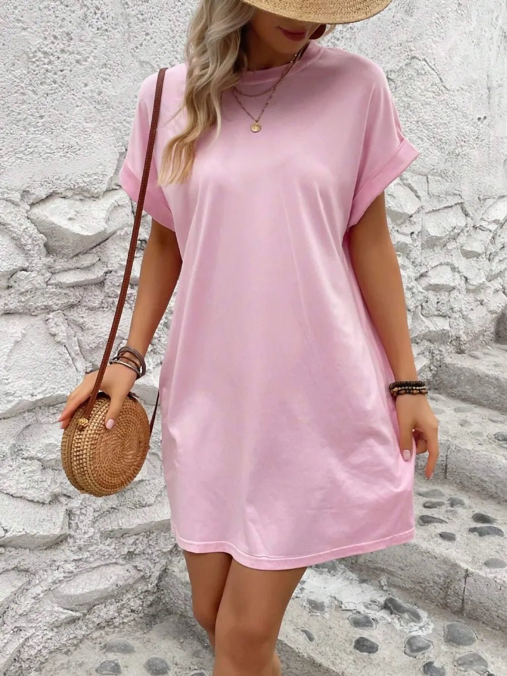 Round Neck Short Sleeve Mini Dress - Crowned Energy CO.
