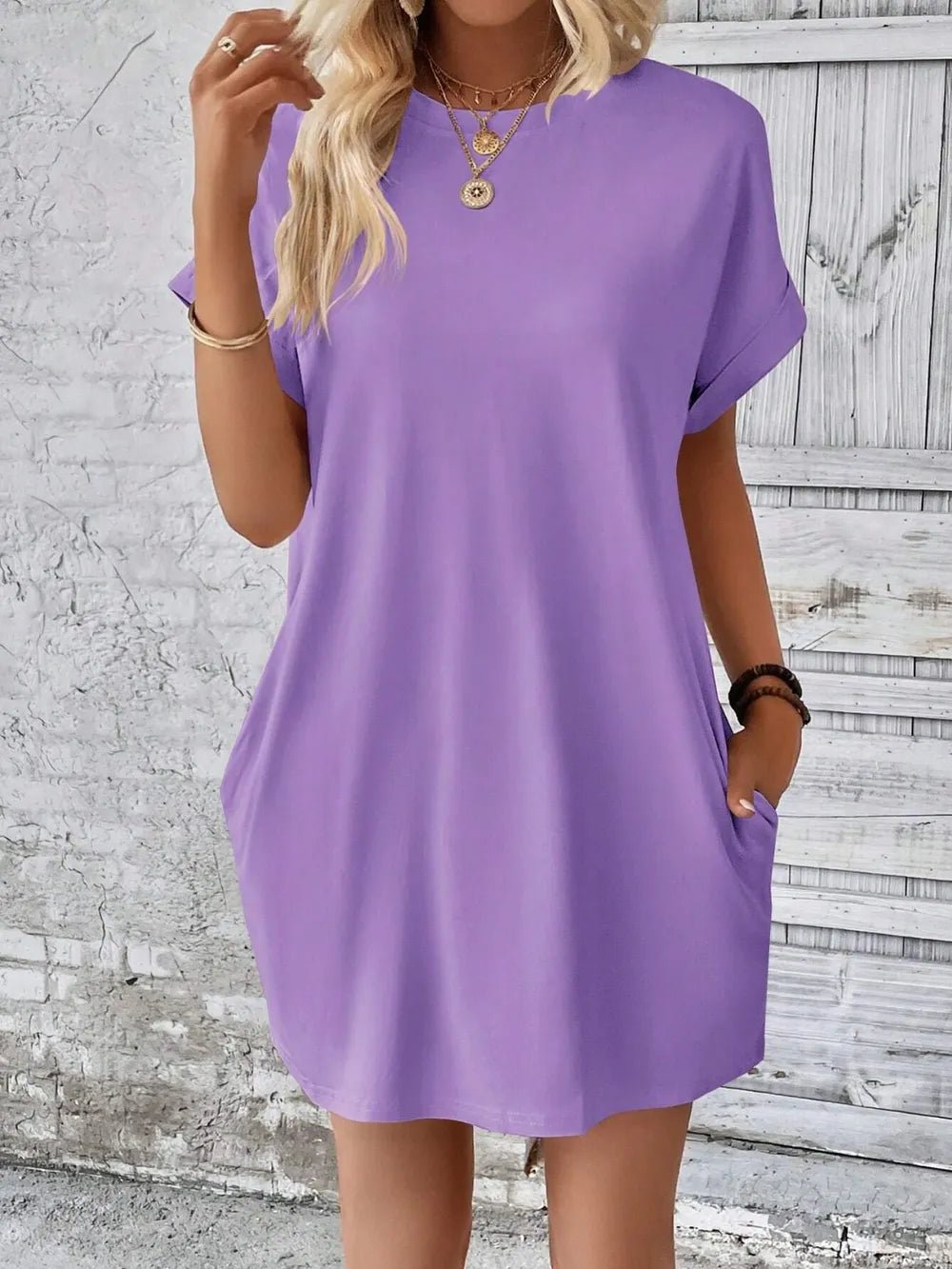 Round Neck Short Sleeve Mini Dress - Crowned Energy CO.