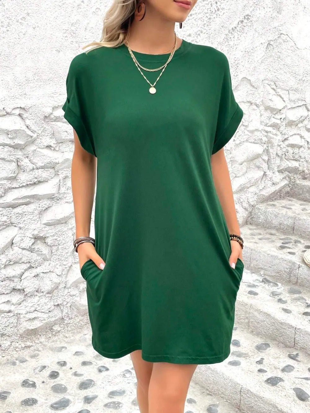 Round Neck Short Sleeve Mini Dress - Crowned Energy CO.
