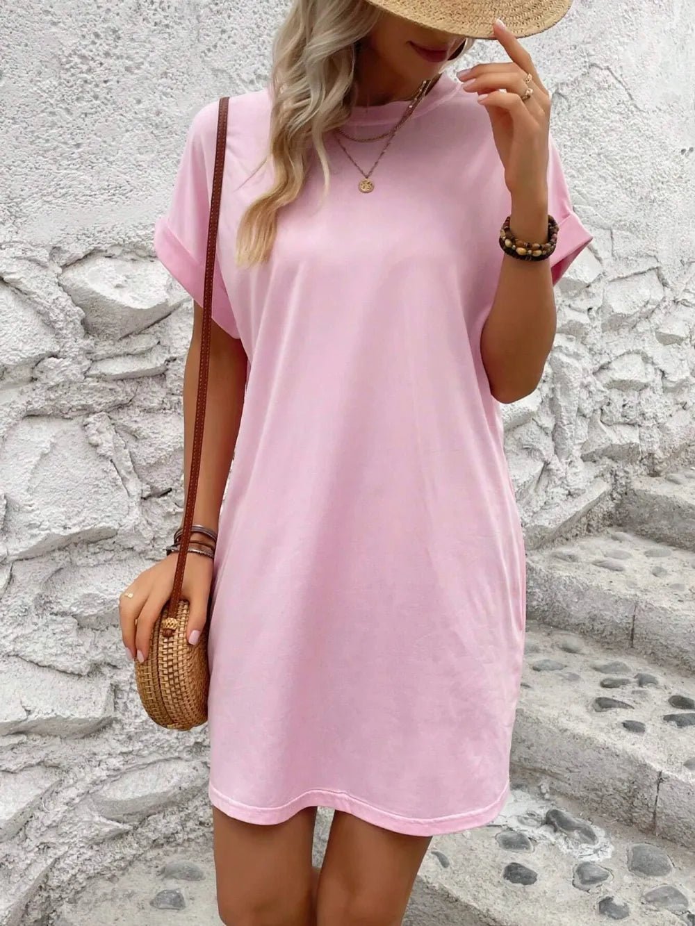 Round Neck Short Sleeve Mini Dress - Crowned Energy CO.