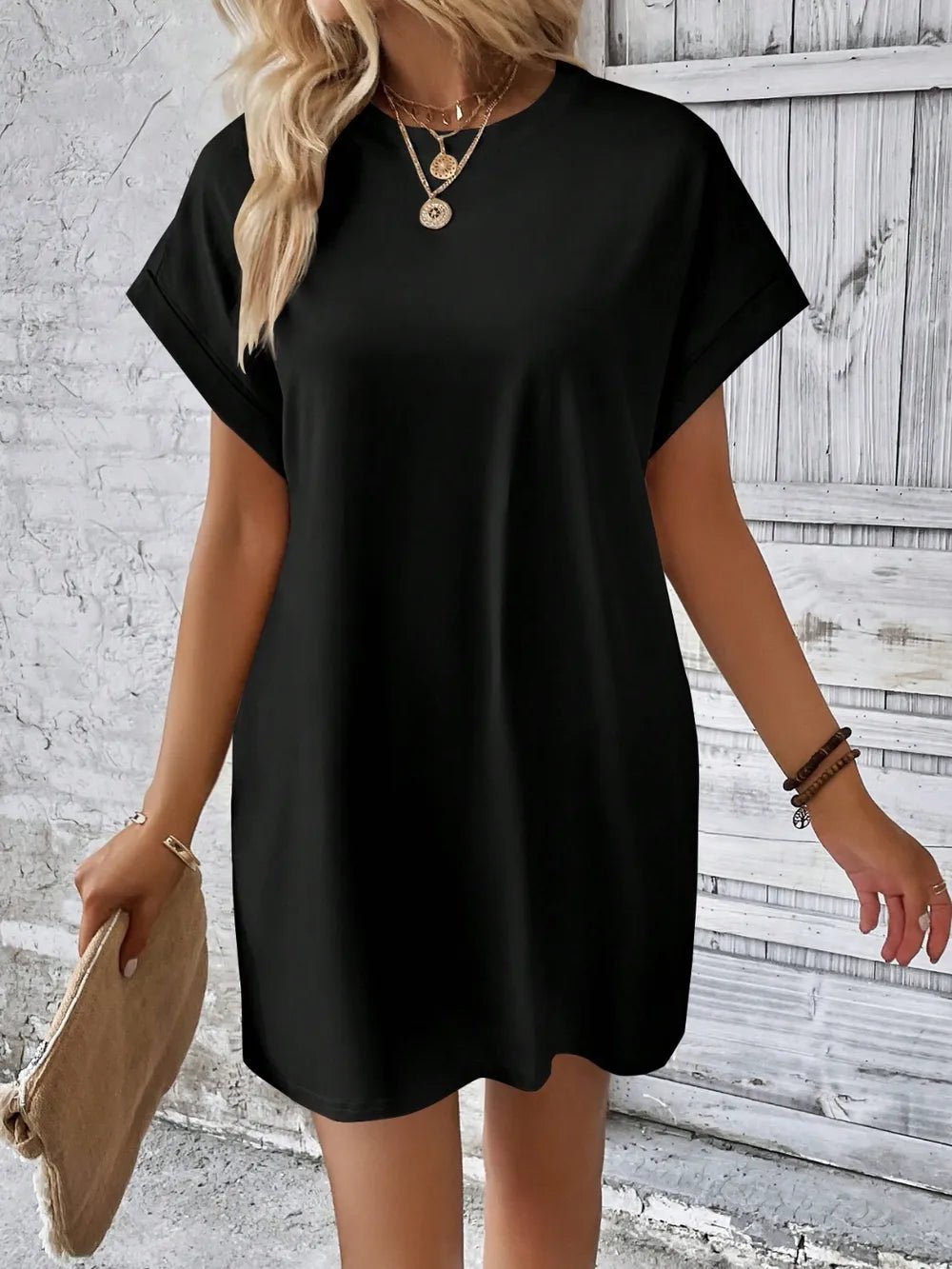 Round Neck Short Sleeve Mini Dress - Crowned Energy CO.
