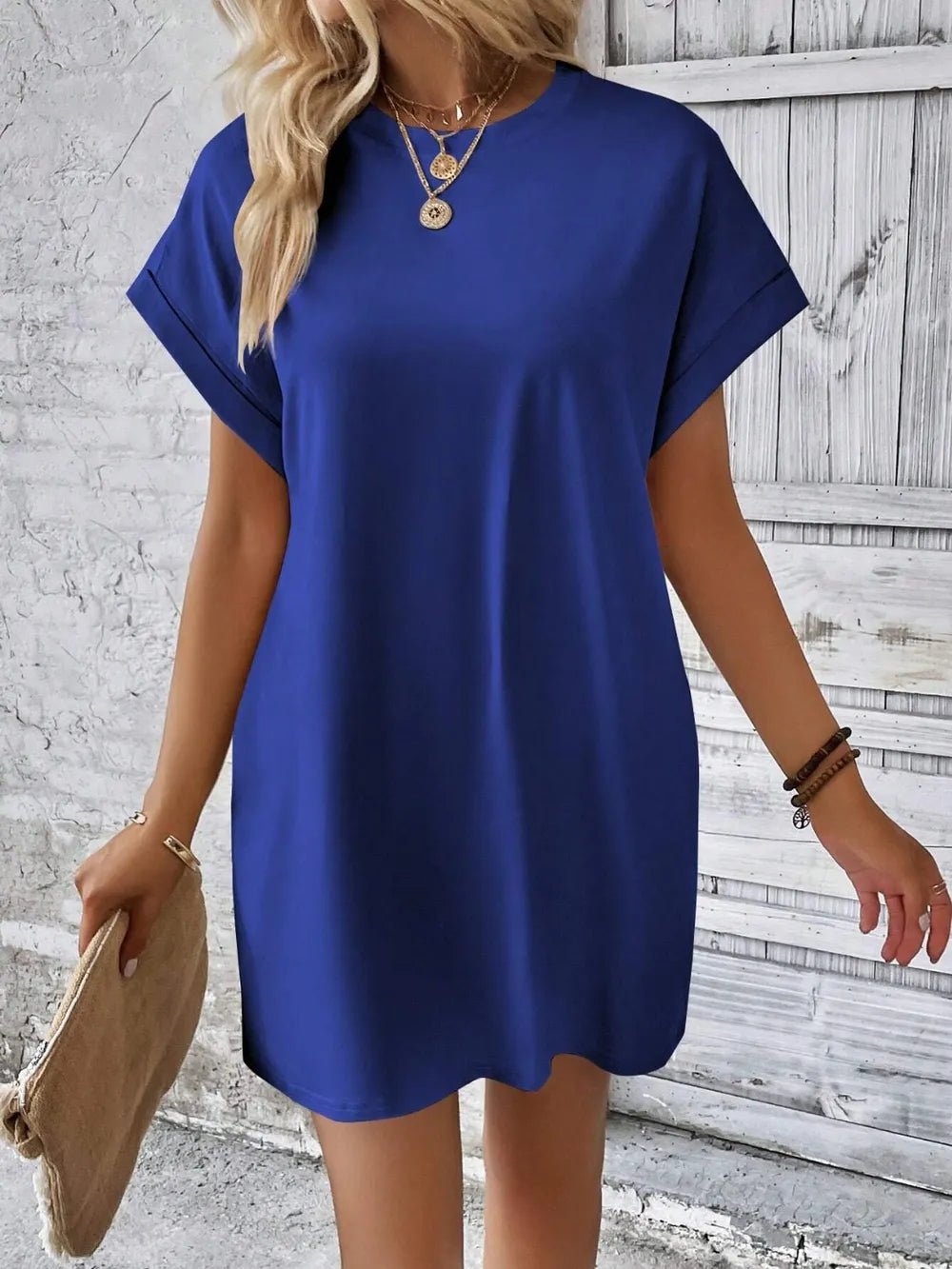 Round Neck Short Sleeve Mini Dress - Crowned Energy CO.