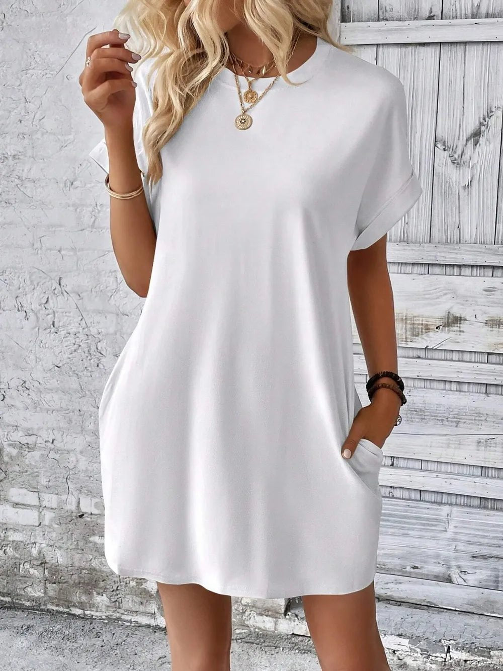 Round Neck Short Sleeve Mini Dress - Crowned Energy CO.