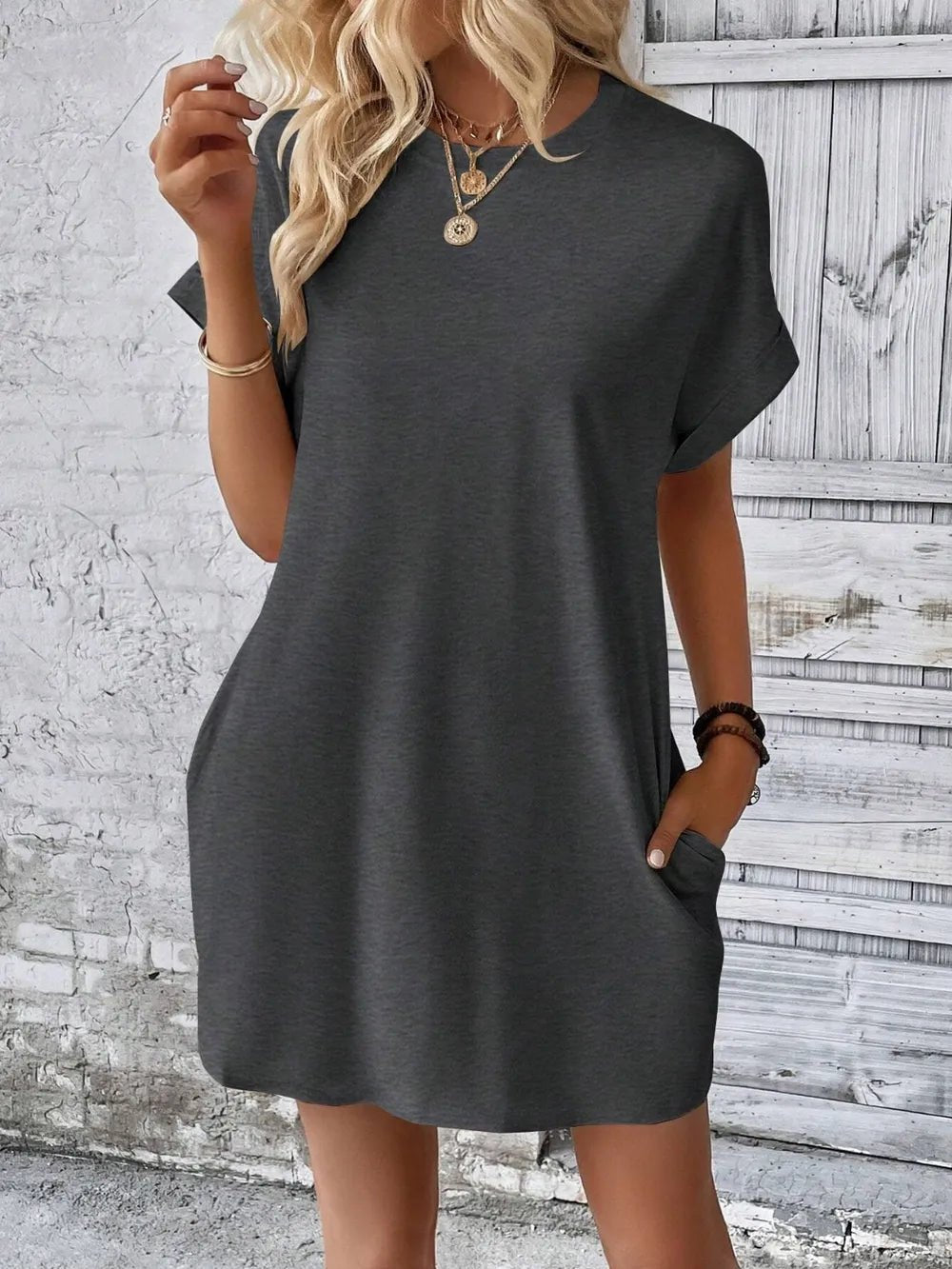 Round Neck Short Sleeve Mini Dress - Crowned Energy CO.