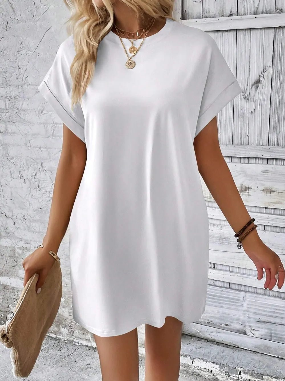 Round Neck Short Sleeve Mini Dress - Crowned Energy CO.