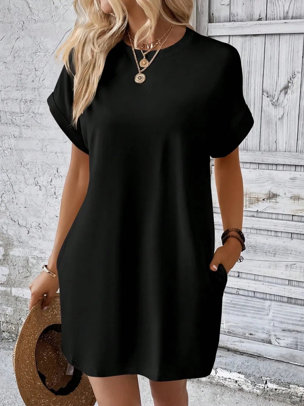 Round Neck Short Sleeve Mini Dress - Crowned Energy CO.