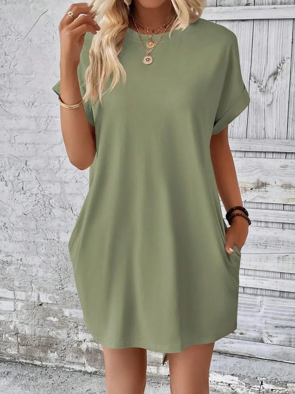 Round Neck Short Sleeve Mini Dress - Crowned Energy CO.