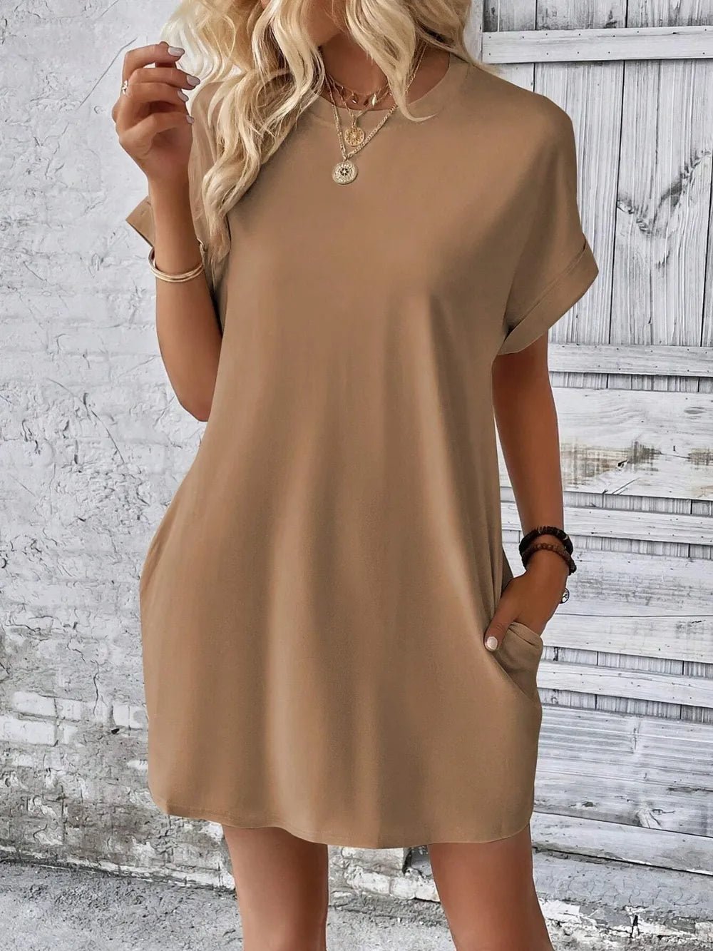 Round Neck Short Sleeve Mini Dress - Crowned Energy CO.