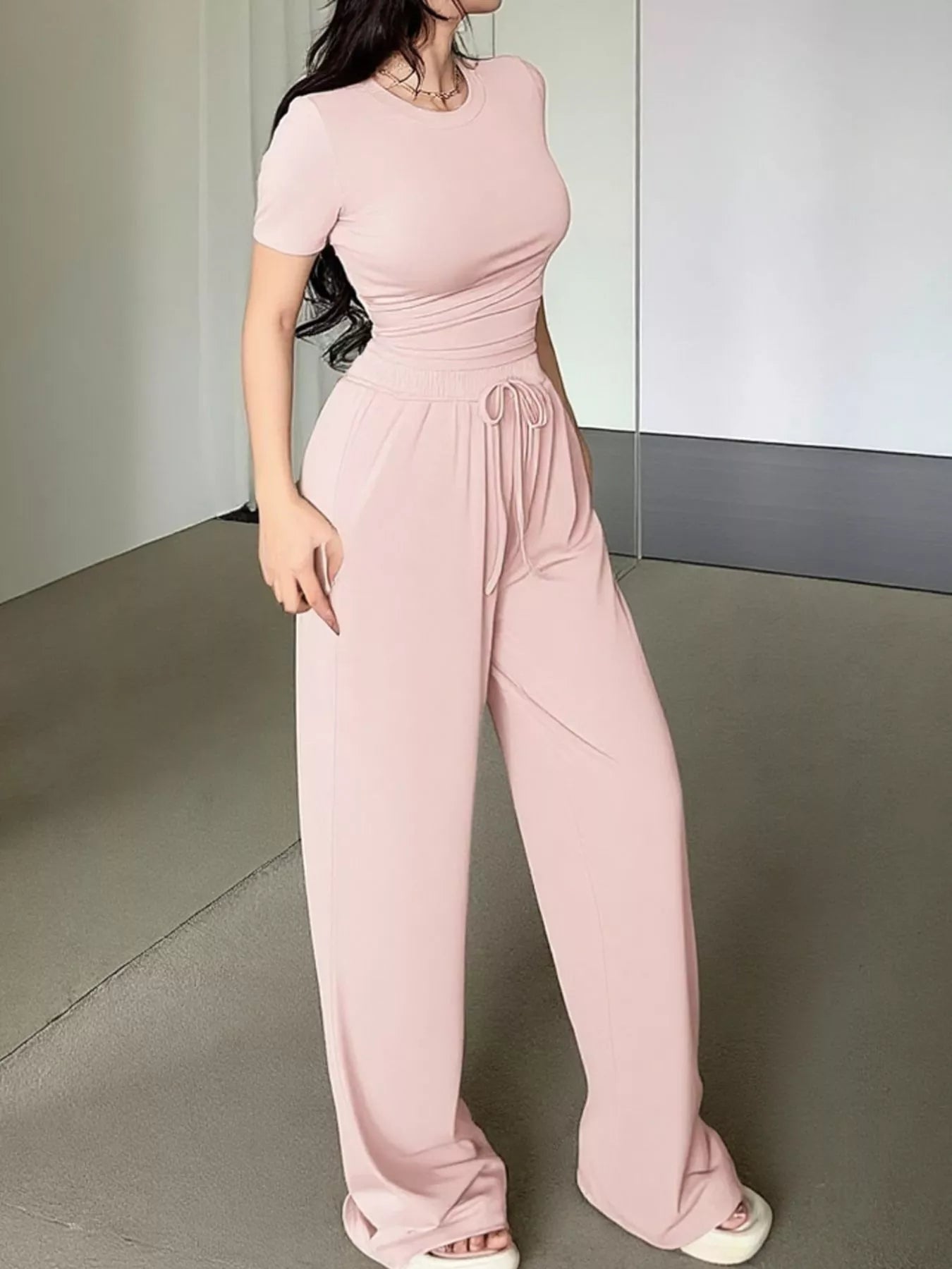 Crowned Energy CO. Blush Pink / S Trendsi OUTFIT SET Round Neck T-Shirt and Pants Set
