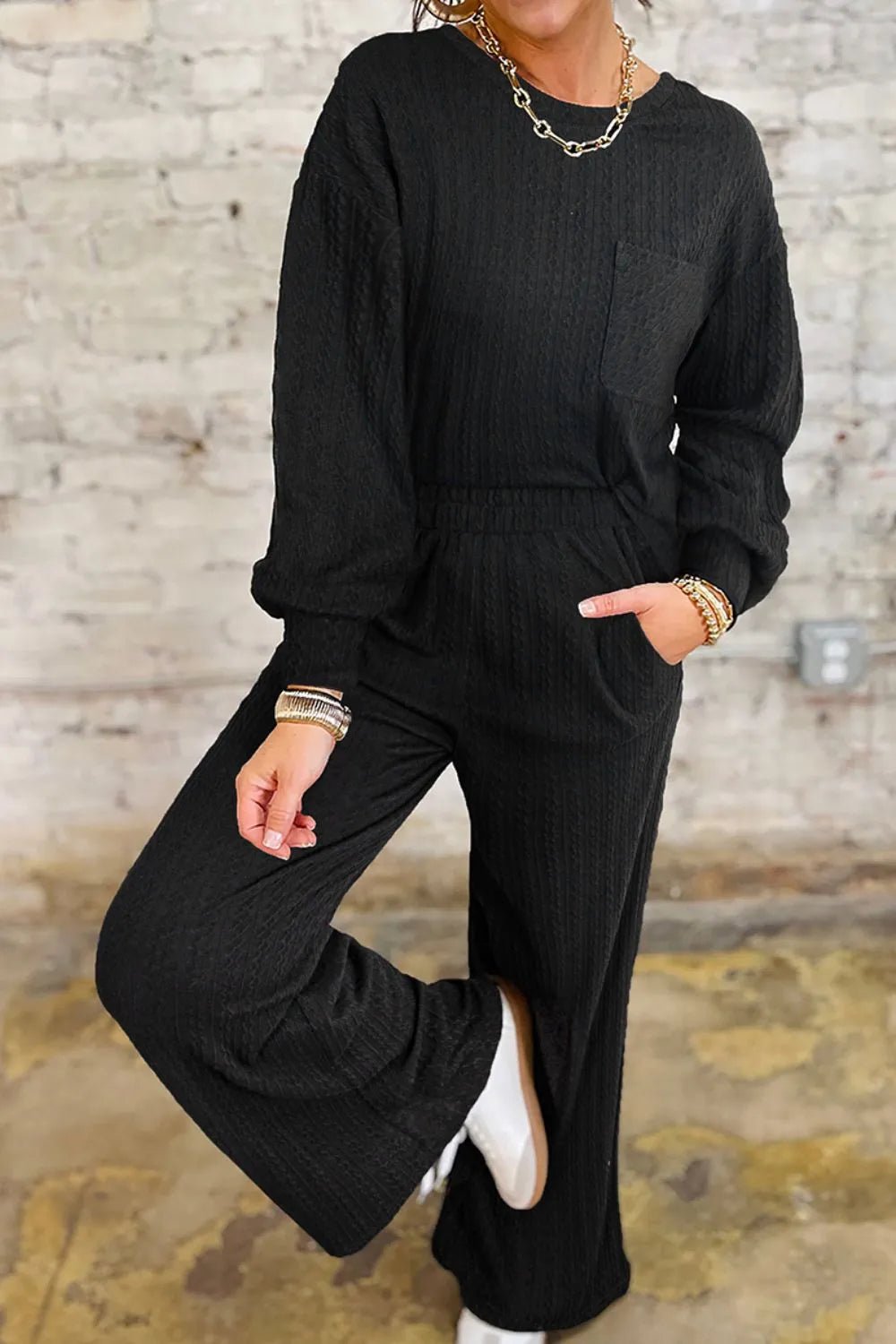 Crowned Energy CO. Black / S Trendsi OUTFIT SET Round Neck Top and Pants Set