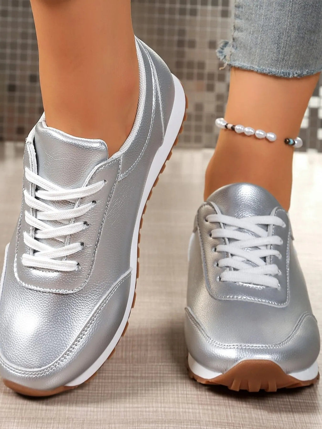 Crowned Energy CO. Gold / 36 Trendsi Shoes & Bags/Crossbody Bags Round Toe Lace-Up Sneakers