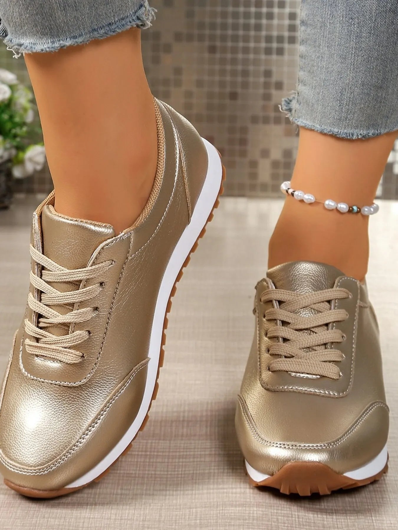 Crowned Energy CO. Gold / 36 Trendsi Shoes & Bags/Crossbody Bags Round Toe Lace-Up Sneakers