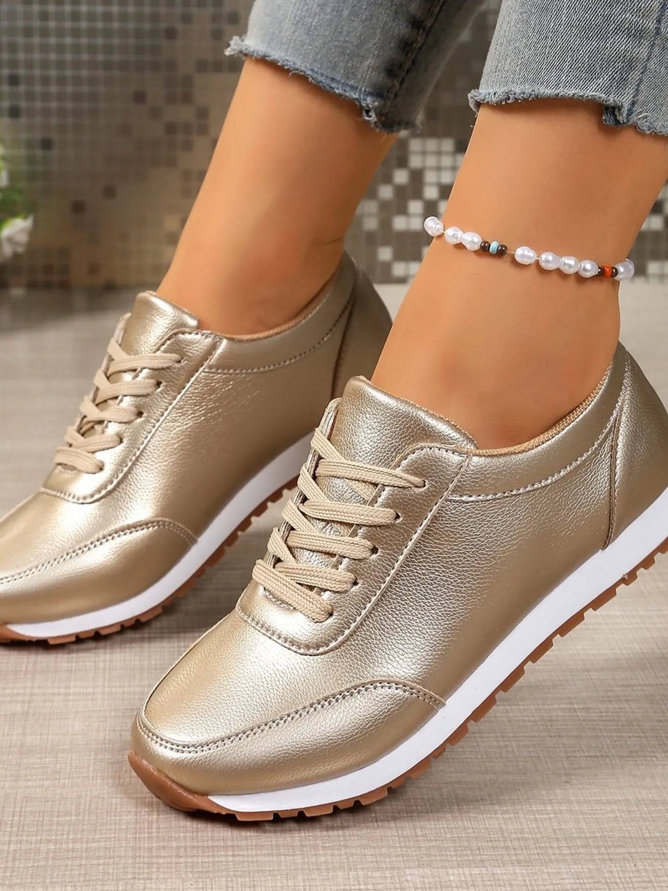 Crowned Energy CO. Gold / 36 Trendsi Shoes & Bags/Crossbody Bags Round Toe Lace-Up Sneakers