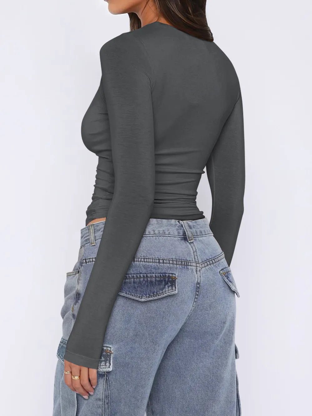 Ruched Asymmetrical Neck Long Sleeve T-Shirt - Crowned Energy CO.