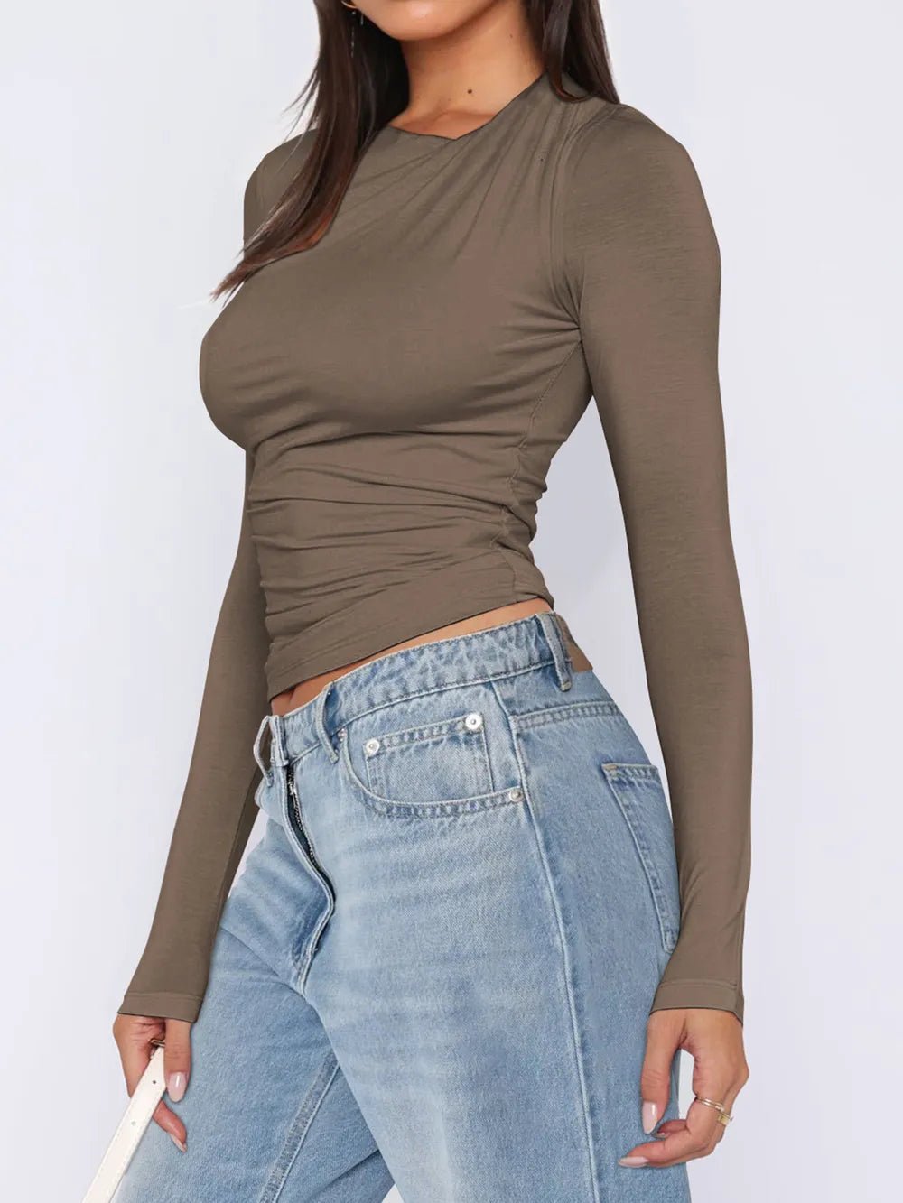 Ruched Asymmetrical Neck Long Sleeve T-Shirt - Crowned Energy CO.