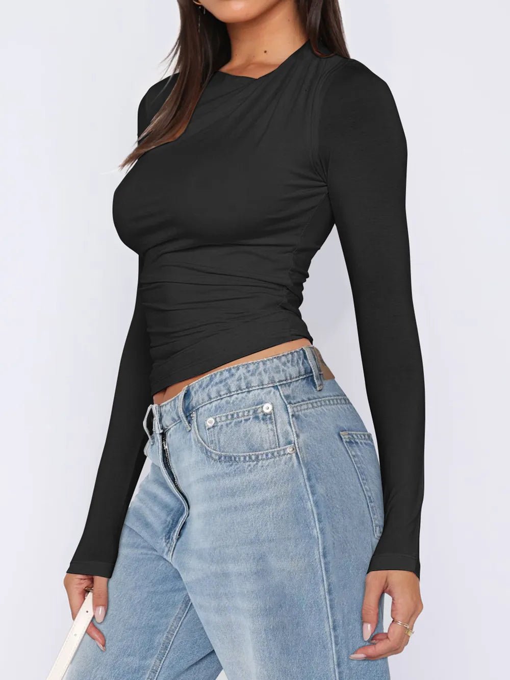 Ruched Asymmetrical Neck Long Sleeve T-Shirt - Crowned Energy CO.