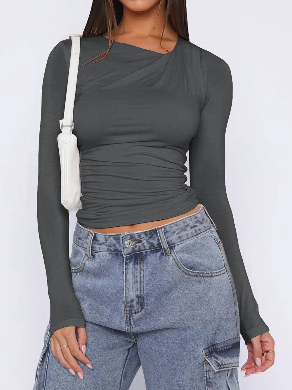 Ruched Asymmetrical Neck Long Sleeve T-Shirt - Crowned Energy CO.