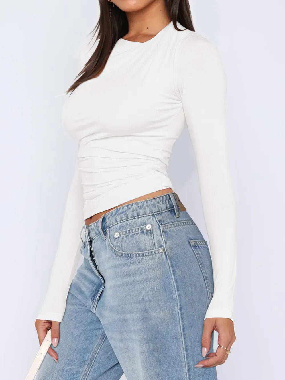 Ruched Asymmetrical Neck Long Sleeve T-Shirt - Crowned Energy CO.