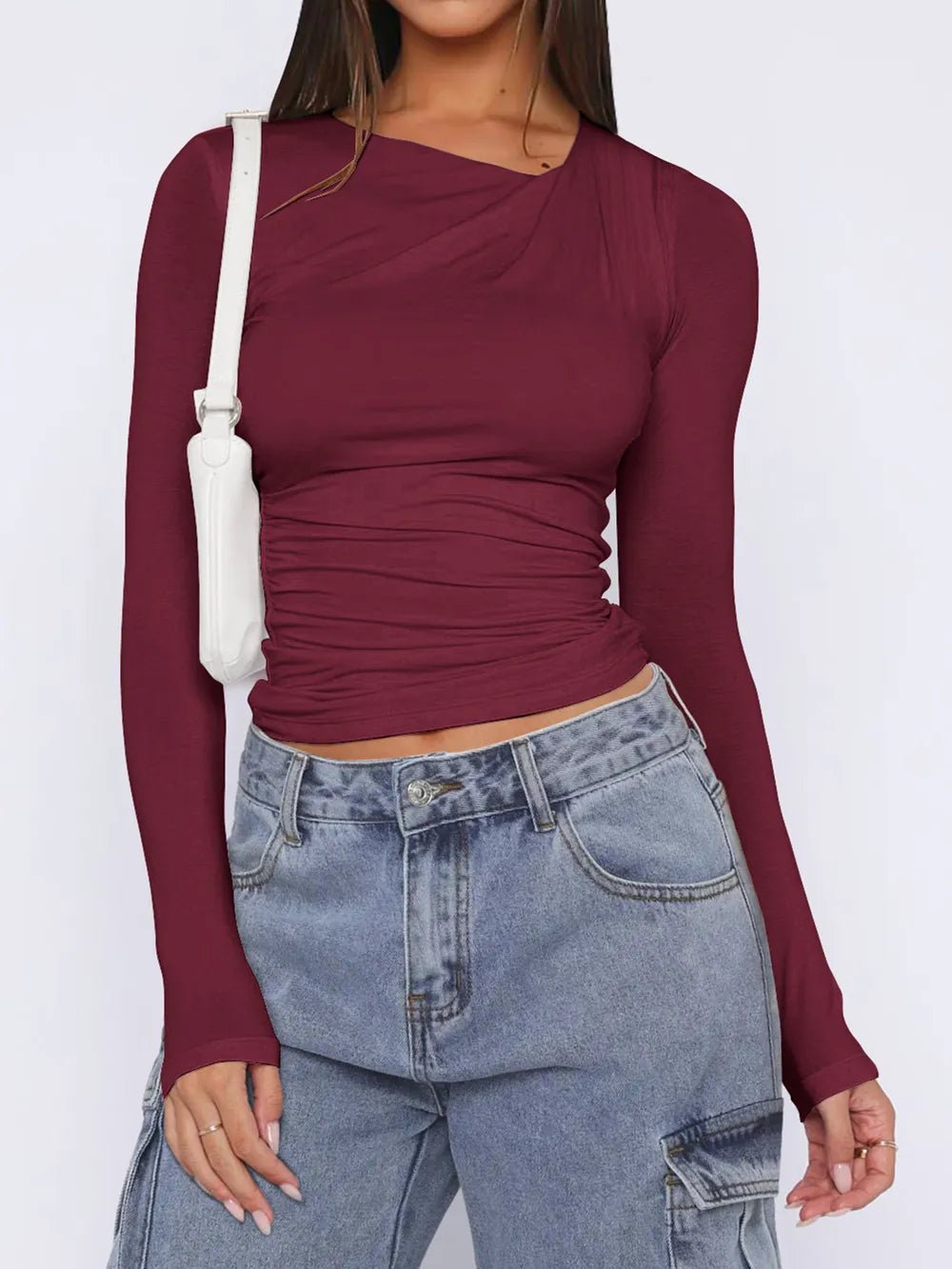 Ruched Asymmetrical Neck Long Sleeve T-Shirt - Crowned Energy CO.