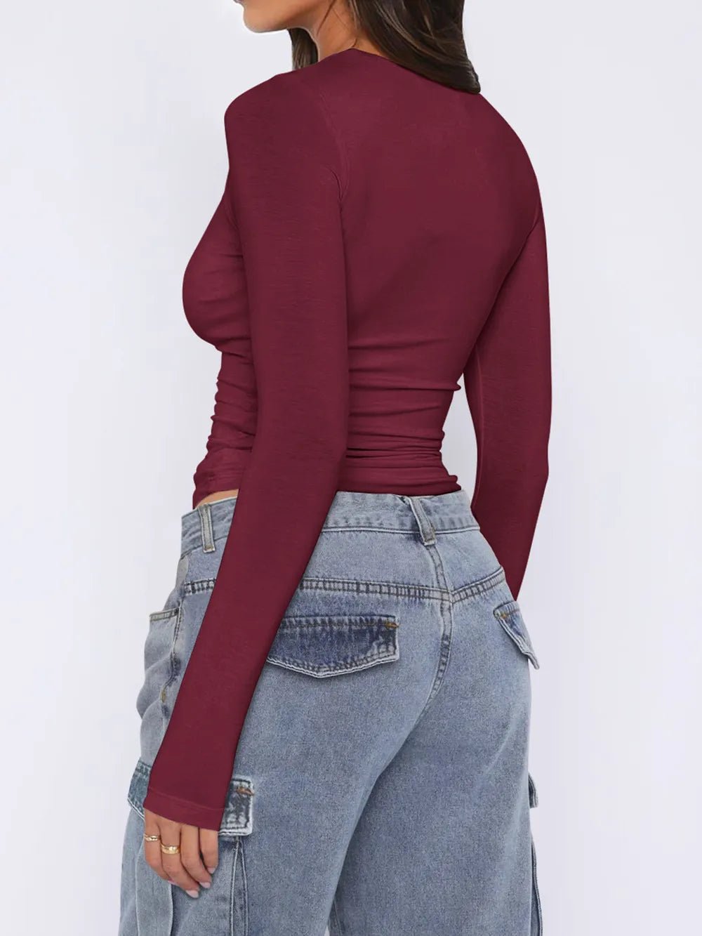 Ruched Asymmetrical Neck Long Sleeve T-Shirt - Crowned Energy CO.