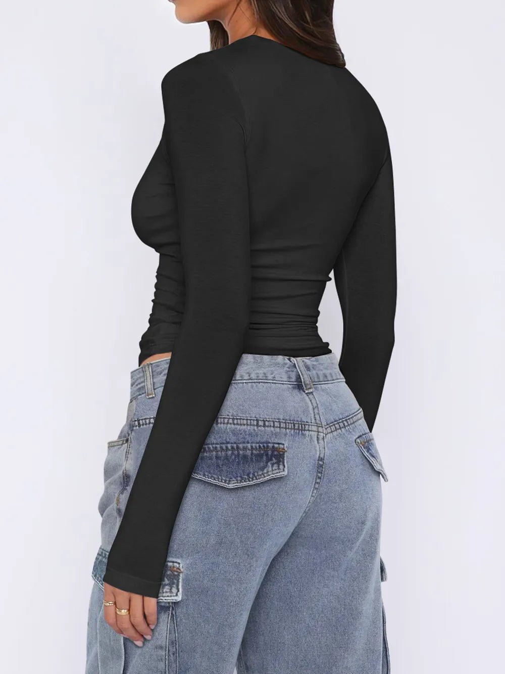Ruched Asymmetrical Neck Long Sleeve T-Shirt - Crowned Energy CO.