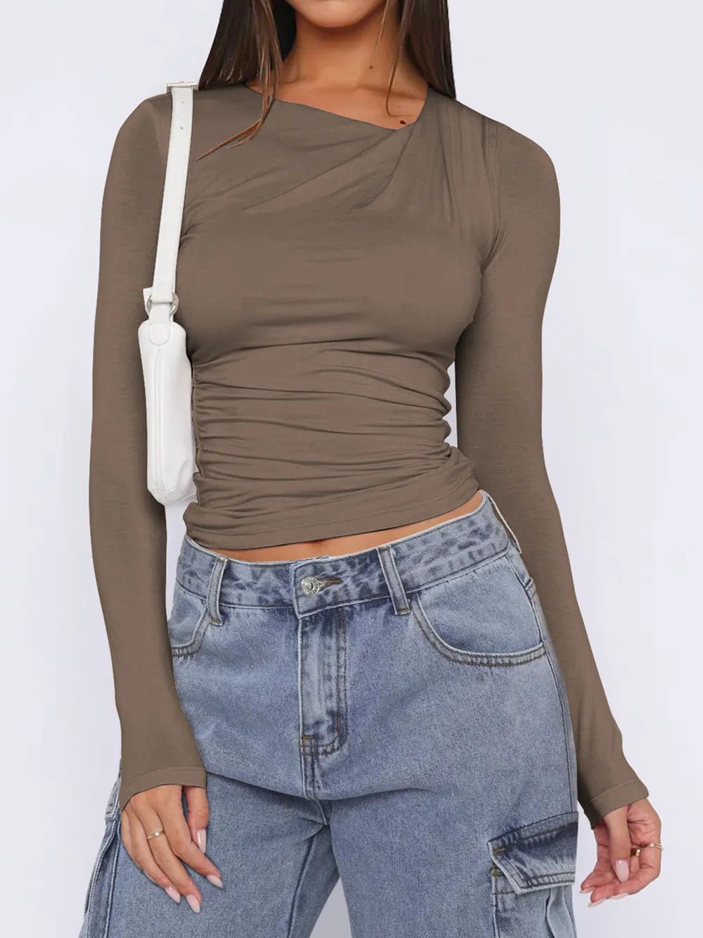 Ruched Asymmetrical Neck Long Sleeve T-Shirt - Crowned Energy CO.