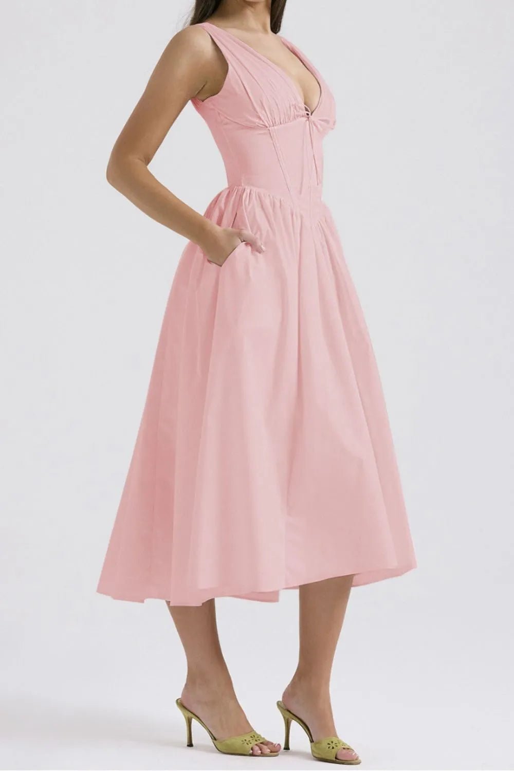 Ruched V - Neck Sleeveless Dress with Pockets - Crowned Energy CO.