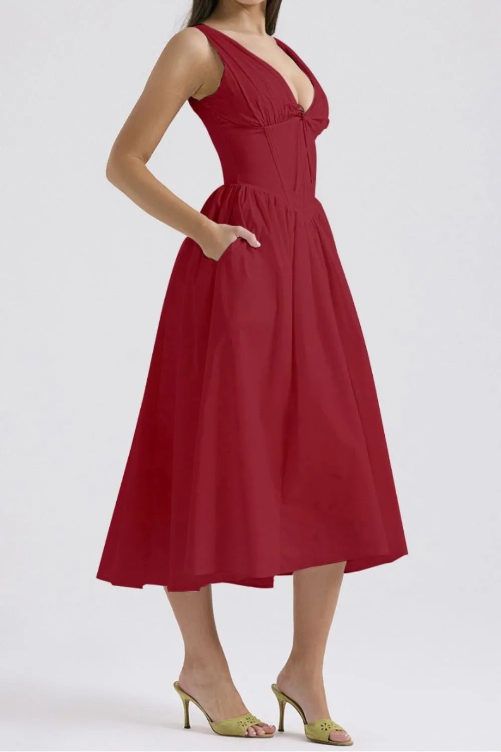 Ruched V - Neck Sleeveless Dress with Pockets - Crowned Energy CO.