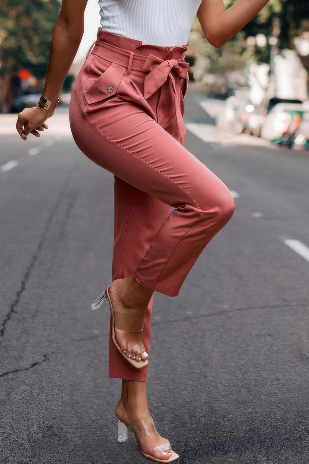 Ruffle Belt Pocket Solid Skinny Pants - Crowned Energy CO.