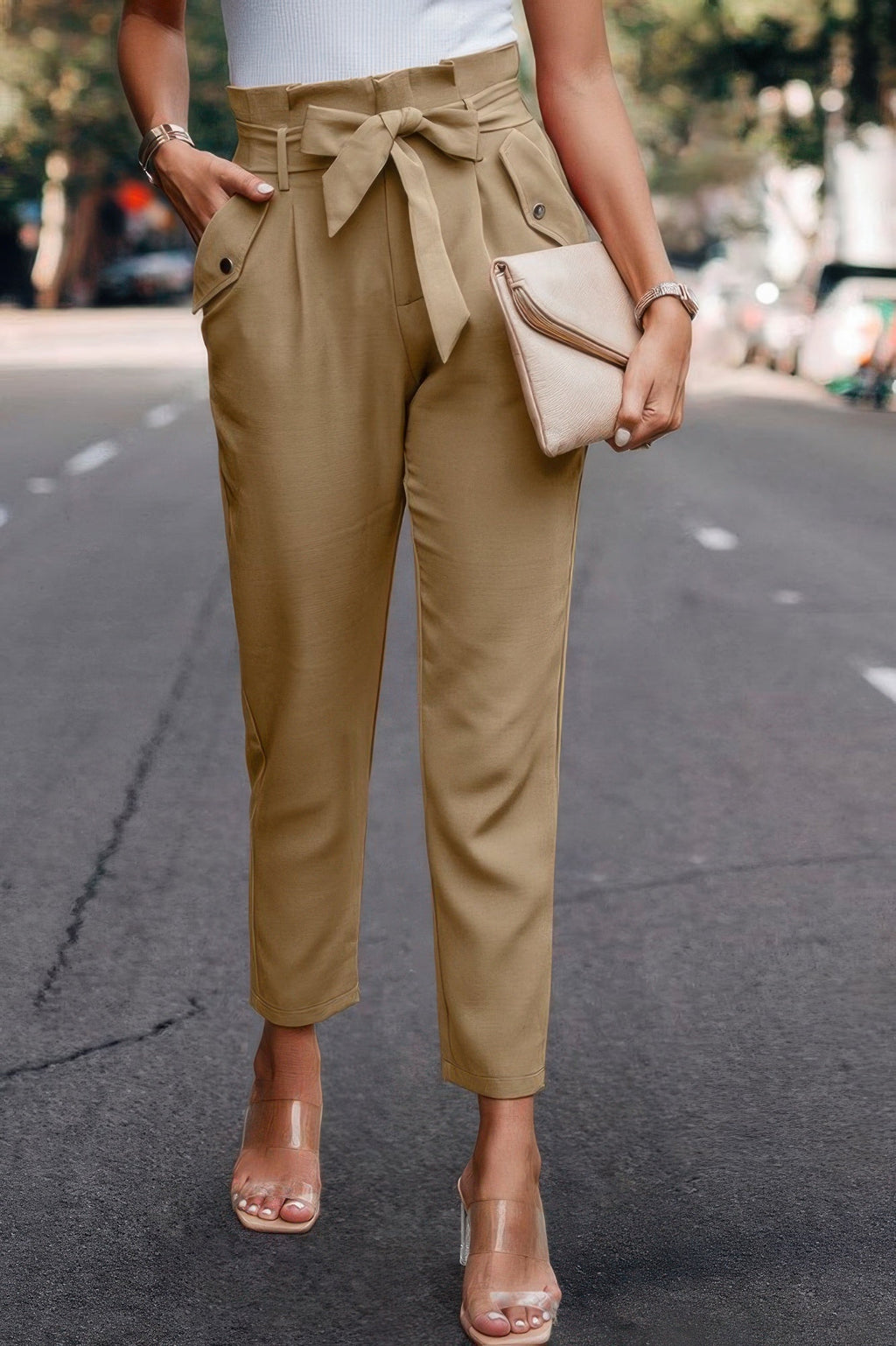 Ruffle Belt Pocket Solid Skinny Pants - Crowned Energy CO.