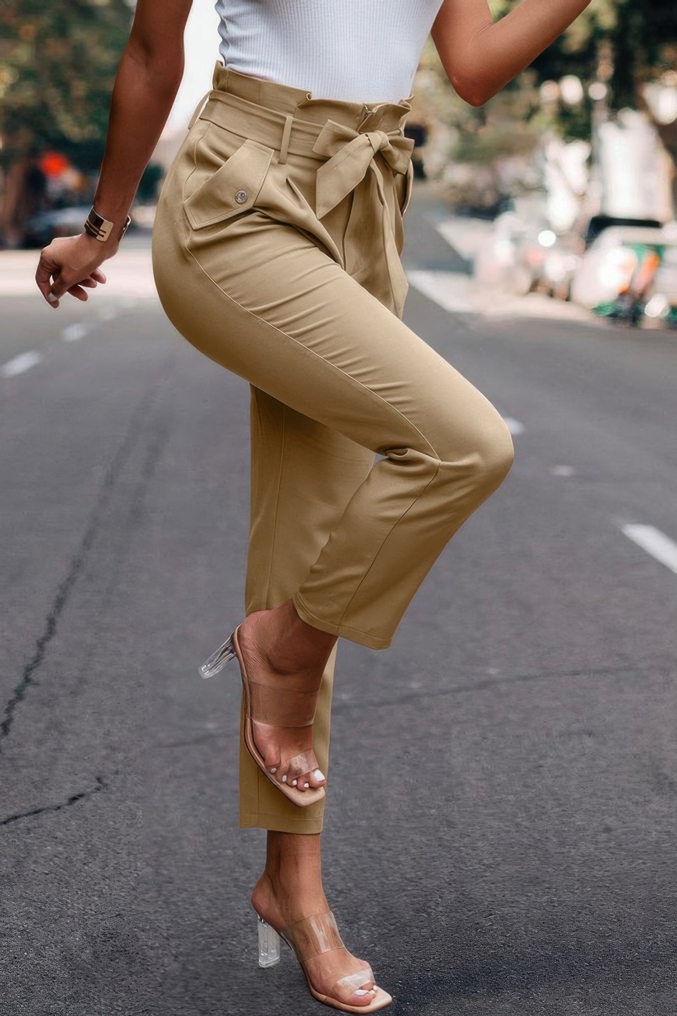 Ruffle Belt Pocket Solid Skinny Pants - Crowned Energy CO.