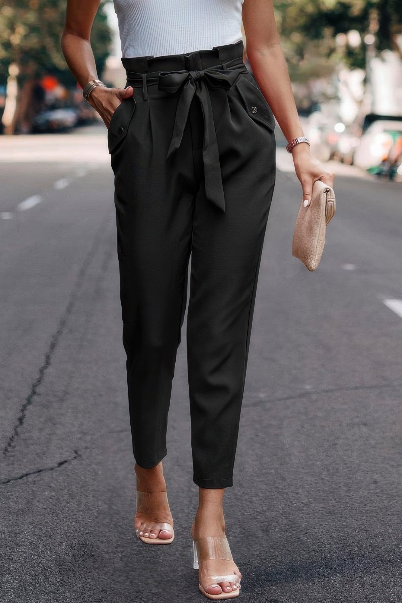 Ruffle Belt Pocket Solid Skinny Pants - Crowned Energy CO.