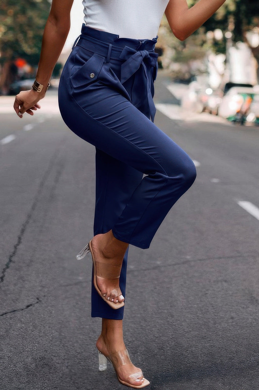 Ruffle Belt Pocket Solid Skinny Pants - Crowned Energy CO.