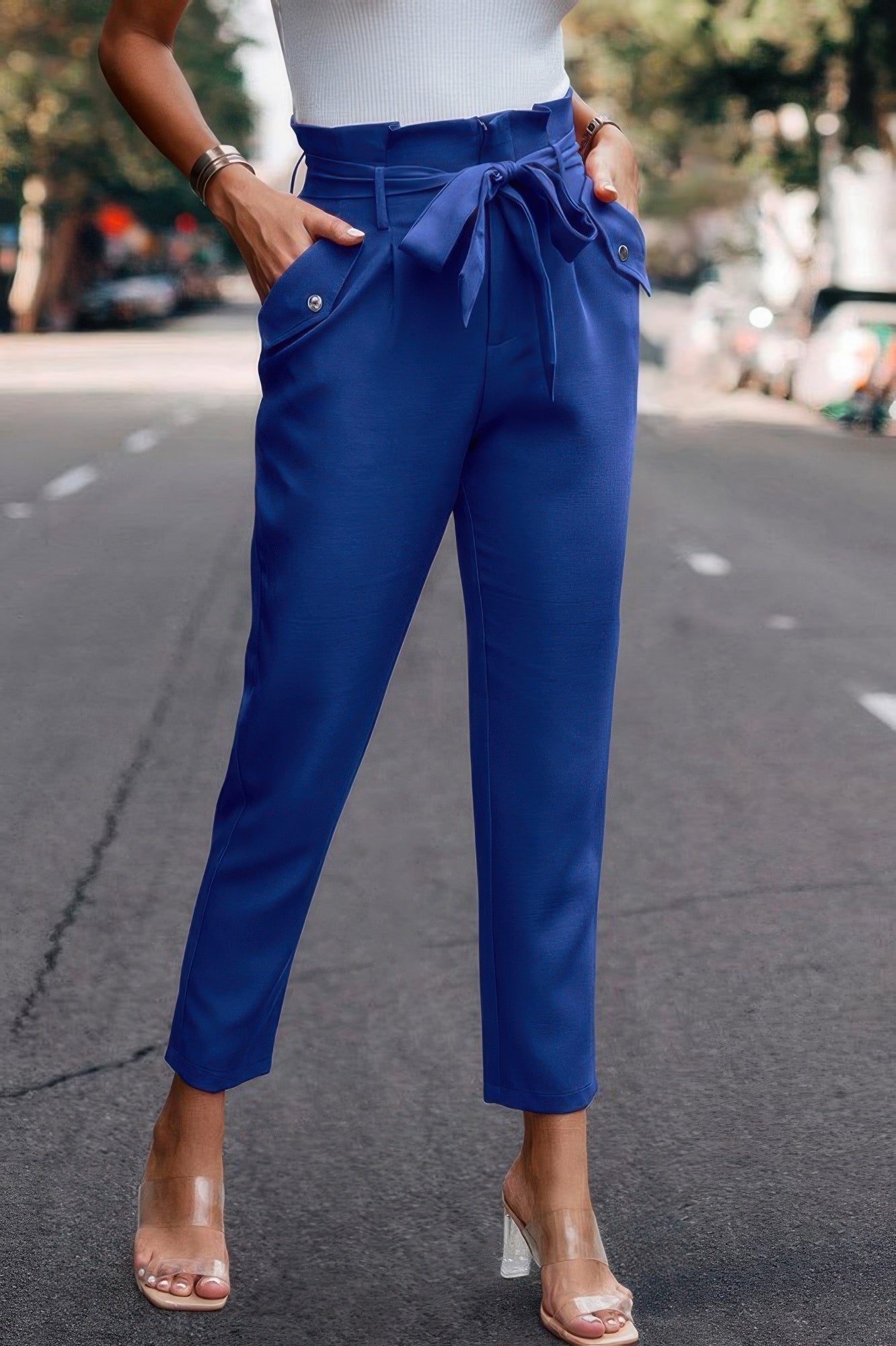 Ruffle Belt Pocket Solid Skinny Pants - Crowned Energy CO.