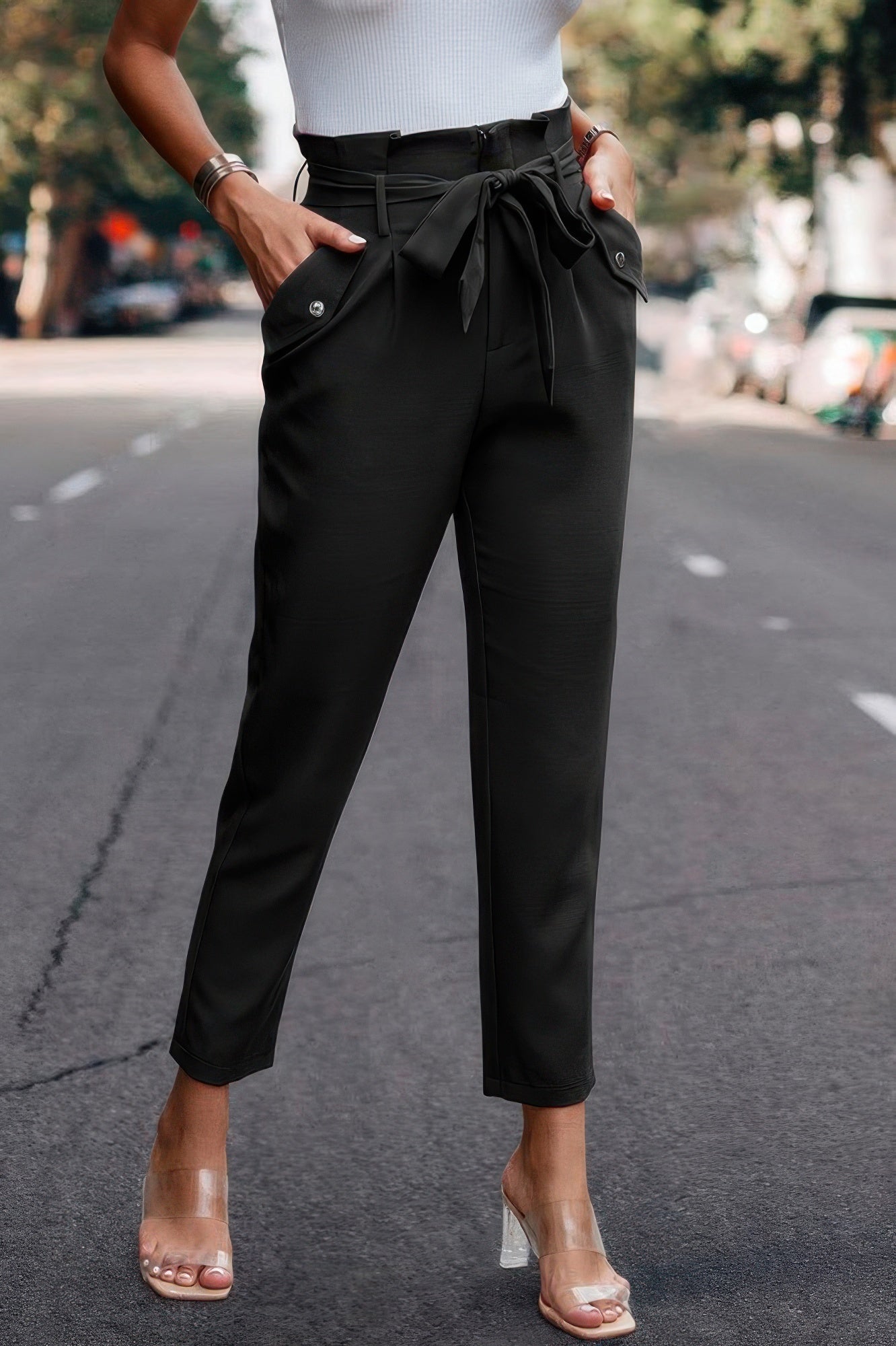 Ruffle Belt Pocket Solid Skinny Pants - Crowned Energy CO.