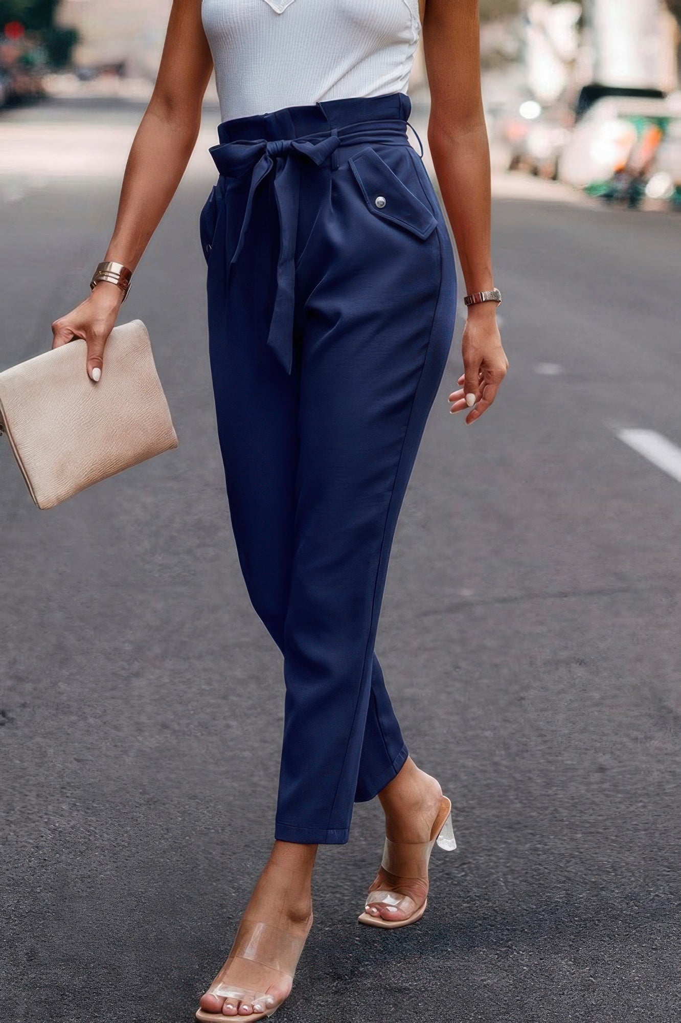 Ruffle Belt Pocket Solid Skinny Pants - Crowned Energy CO.