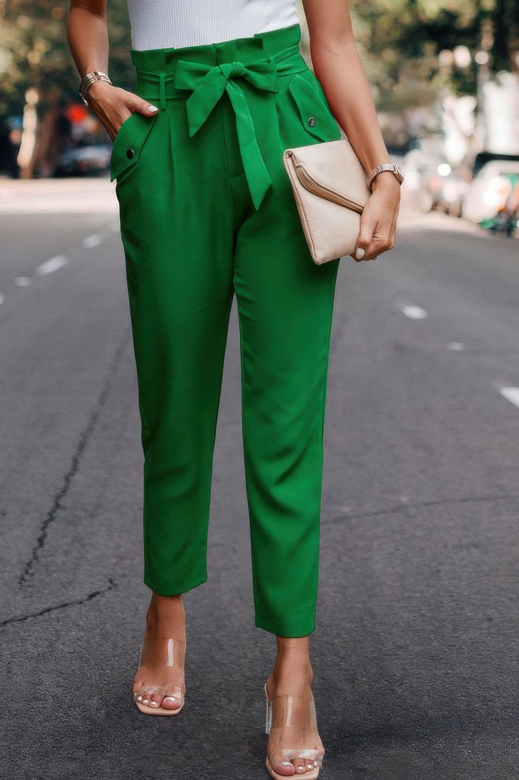 Ruffle Belt Pocket Solid Skinny Pants - Crowned Energy CO.
