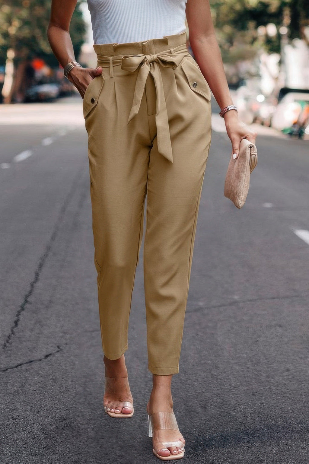 Ruffle Belt Pocket Solid Skinny Pants - Crowned Energy CO.