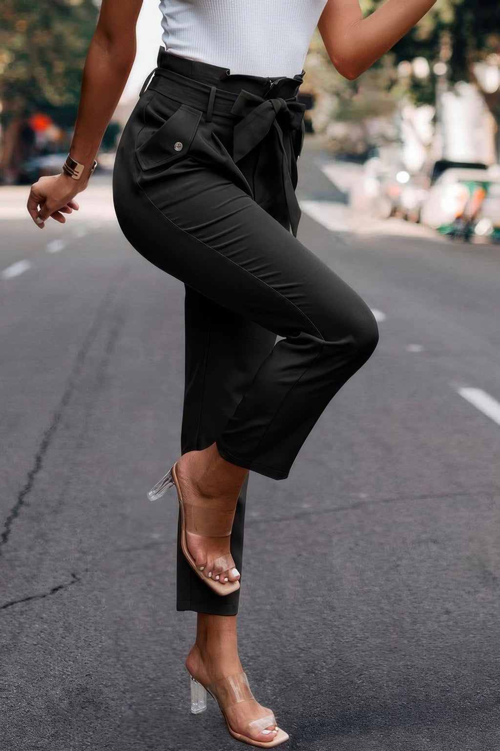 Ruffle Belt Pocket Solid Skinny Pants - Crowned Energy CO.