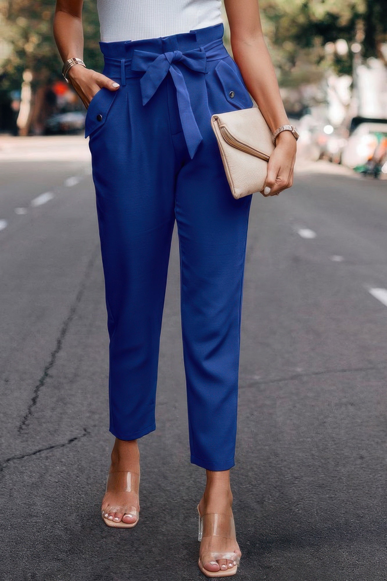 Ruffle Belt Pocket Solid Skinny Pants - Crowned Energy CO.