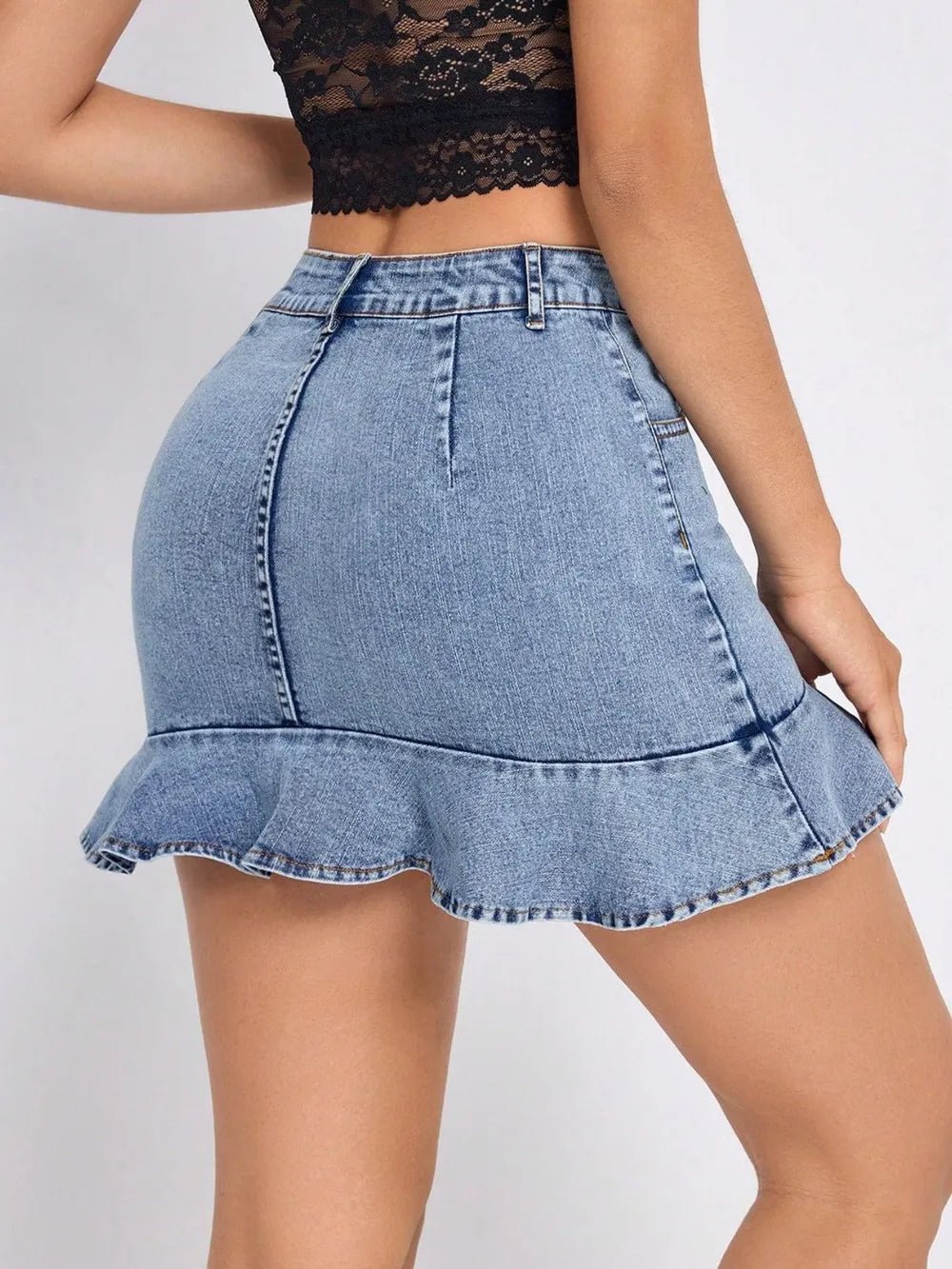 Ruffled Hem Denim Mini Skirt - Crowned Energy CO.