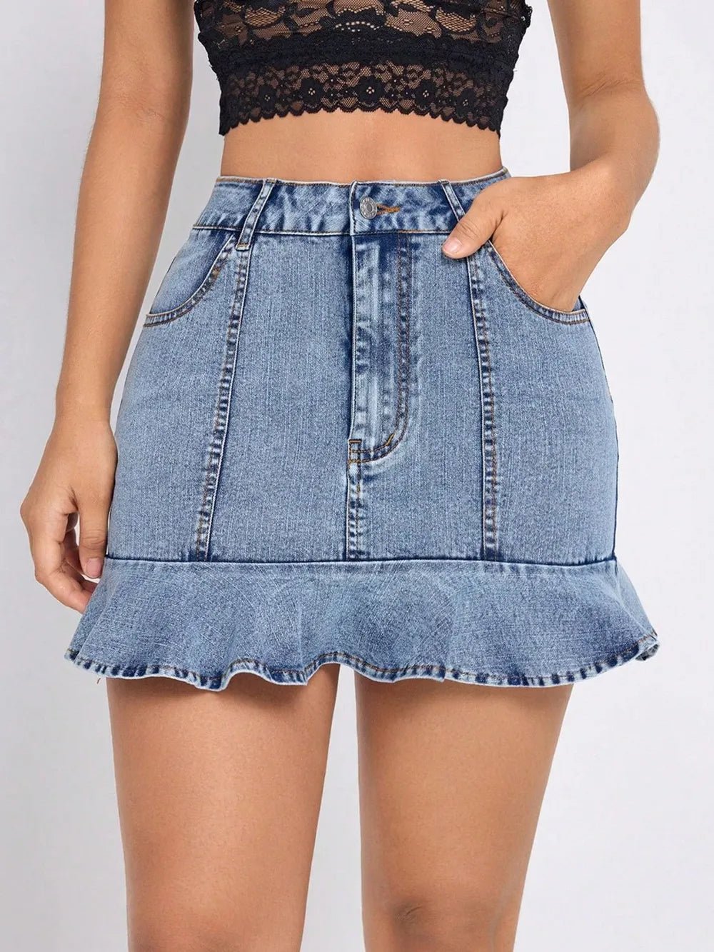 Ruffled Hem Denim Mini Skirt - Crowned Energy CO.