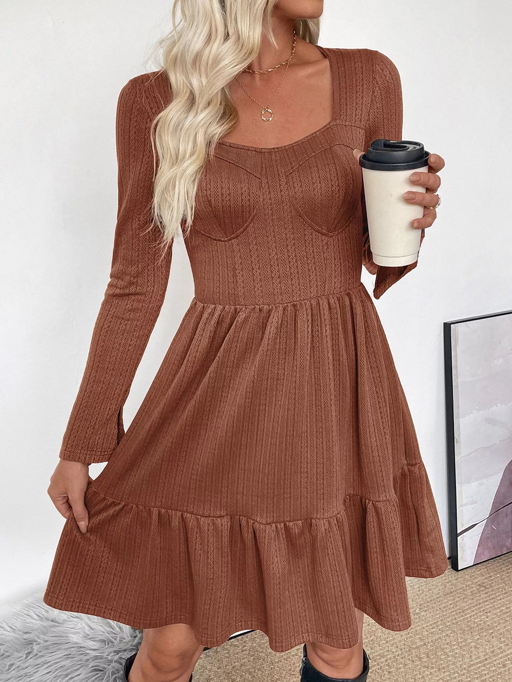 Ruffled Hem Long Sleeve Knit Dress - Crowned Energy CO.