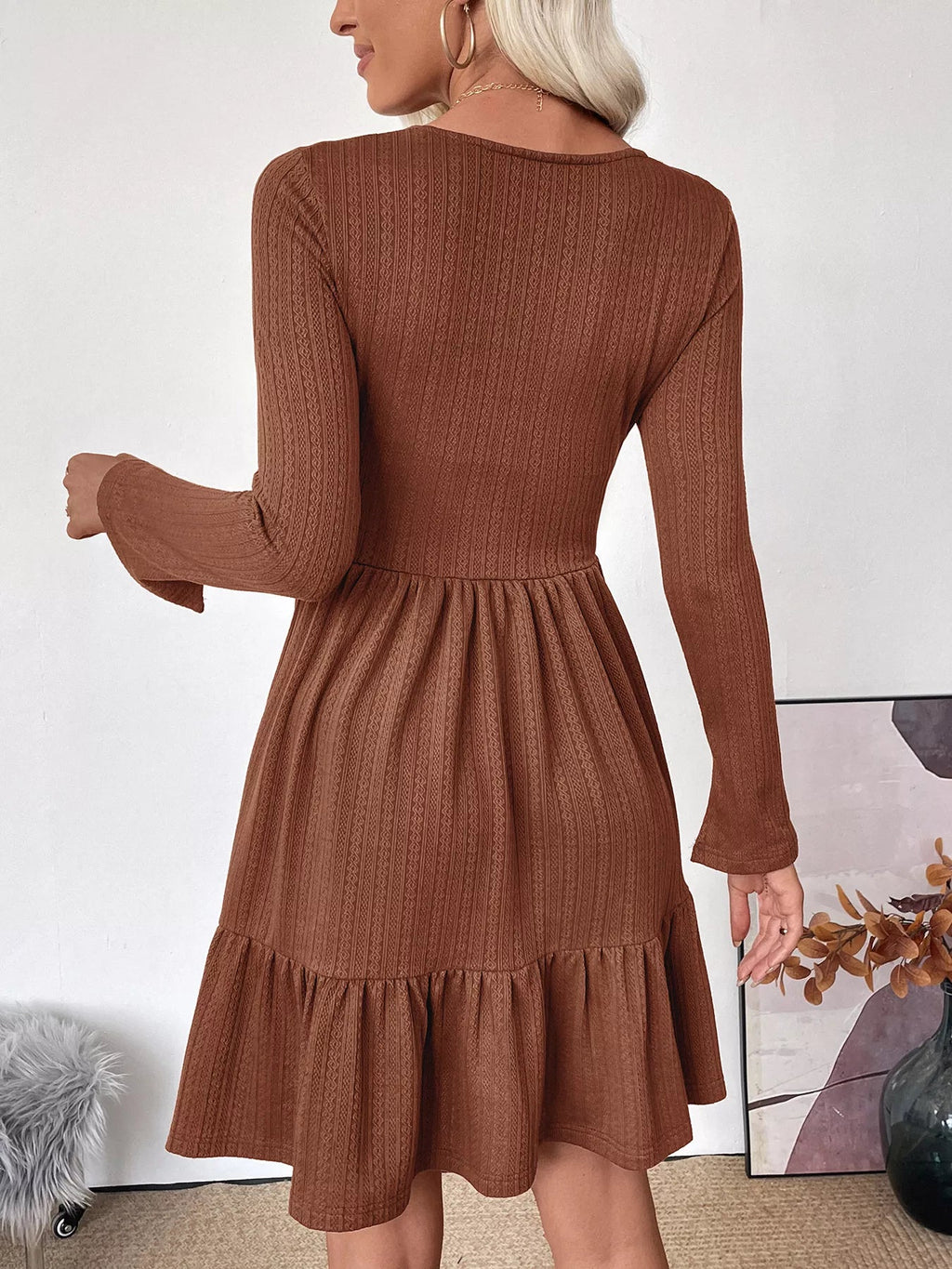 Ruffled Hem Long Sleeve Knit Dress - Crowned Energy CO.