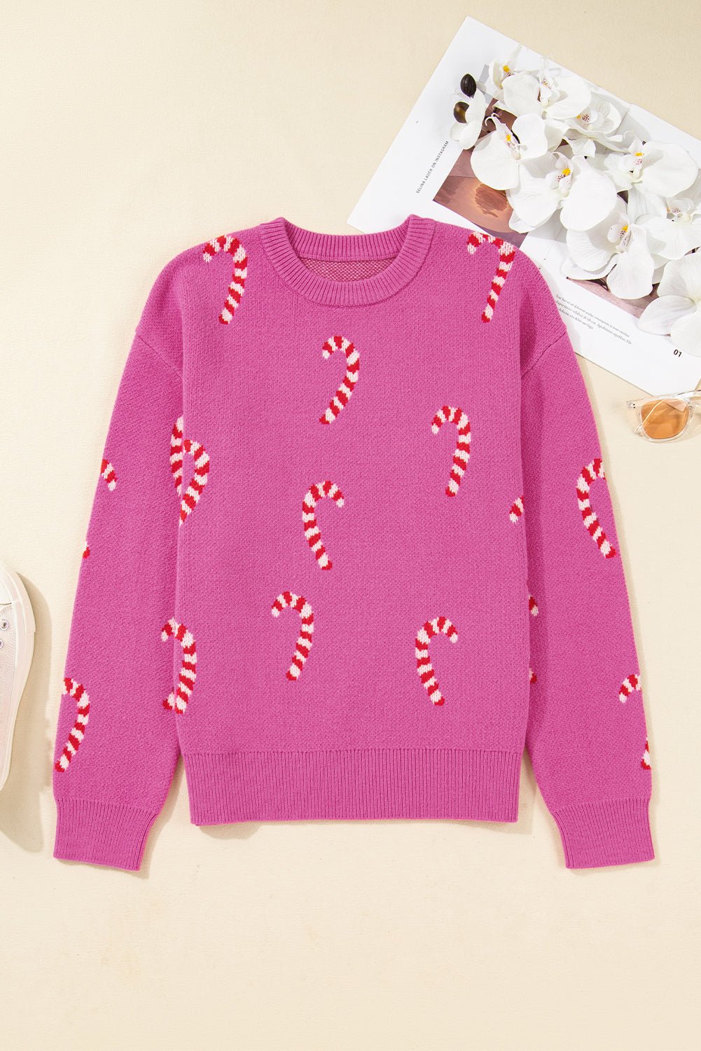 Crowned Energy CO. Sachet Pink / S / 52%Viscose+26%Polyester+22%Polyamide Dear-Lover Dropshipping Sweaters & Cardigans/Sweaters Sachet Pink Christmas Candy Cane Holiday Drop Shoulder Sweater